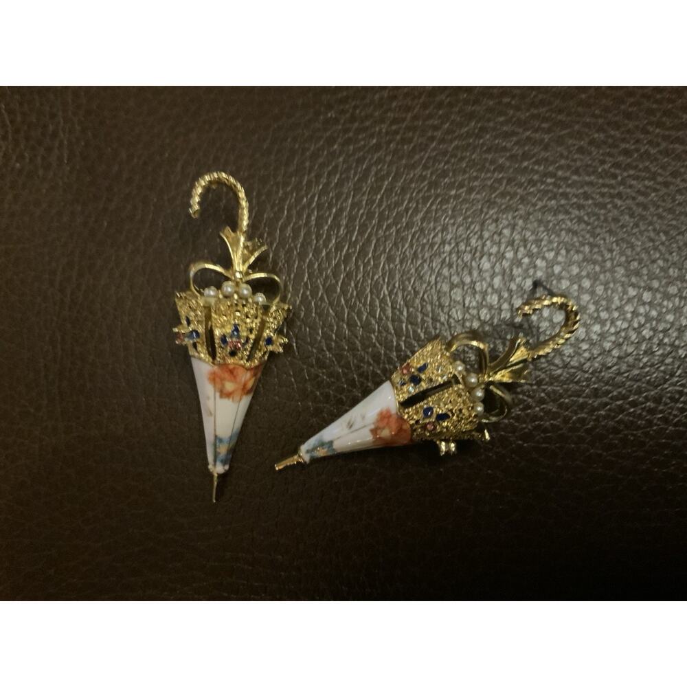 Umbrella Museum Earrings Art Antique VTG CZ Pearl Gold Retro Revival Flower Boho - Picture 6 of 9